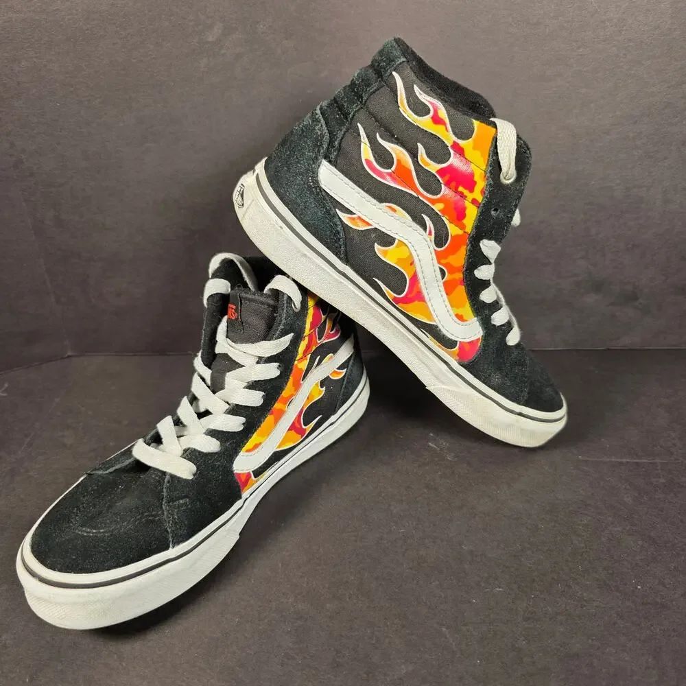 Vans Sz 3Y Sk8- Hi-Reissue Sneakers Red Flame Design Black Suede & Canvas